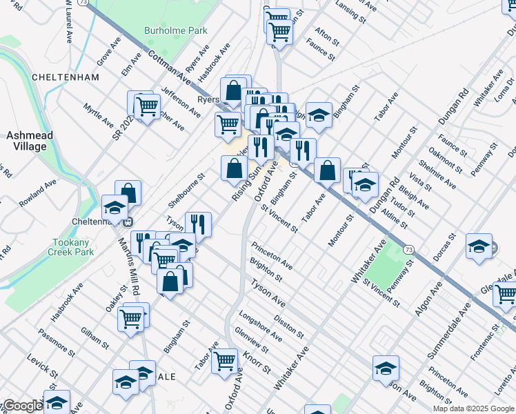 map of restaurants, bars, coffee shops, grocery stores, and more near 7132 Rising Sun Avenue in Philadelphia