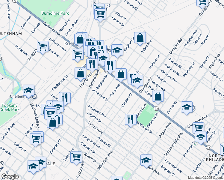 map of restaurants, bars, coffee shops, grocery stores, and more near 7232 Tabor Avenue in Philadelphia