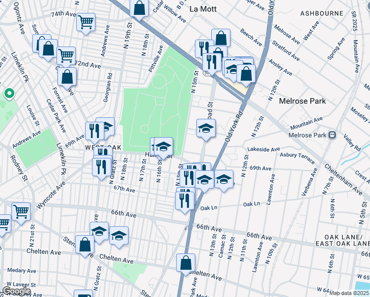 map of restaurants, bars, coffee shops, grocery stores, and more near 1451 69th Avenue in Philadelphia