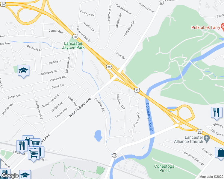 map of restaurants, bars, coffee shops, grocery stores, and more near 25 Toll Gate Station in Lancaster