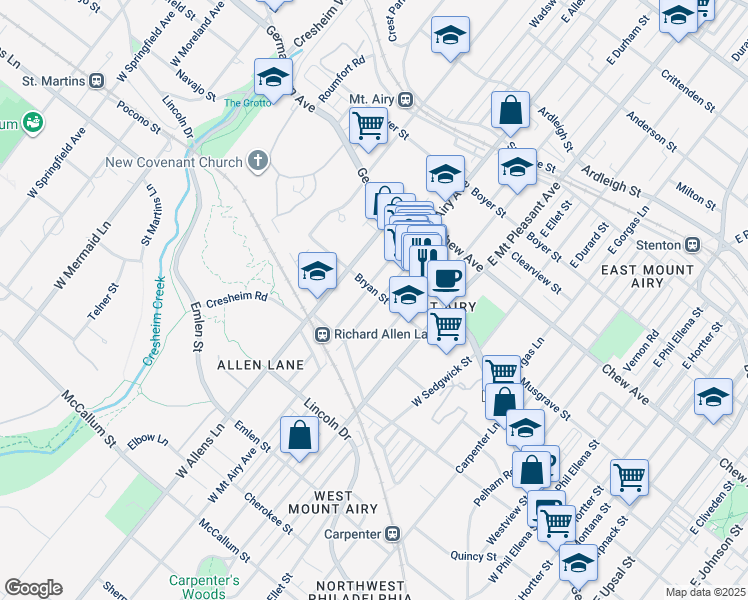 map of restaurants, bars, coffee shops, grocery stores, and more near 107 West Mount Airy Avenue in Philadelphia