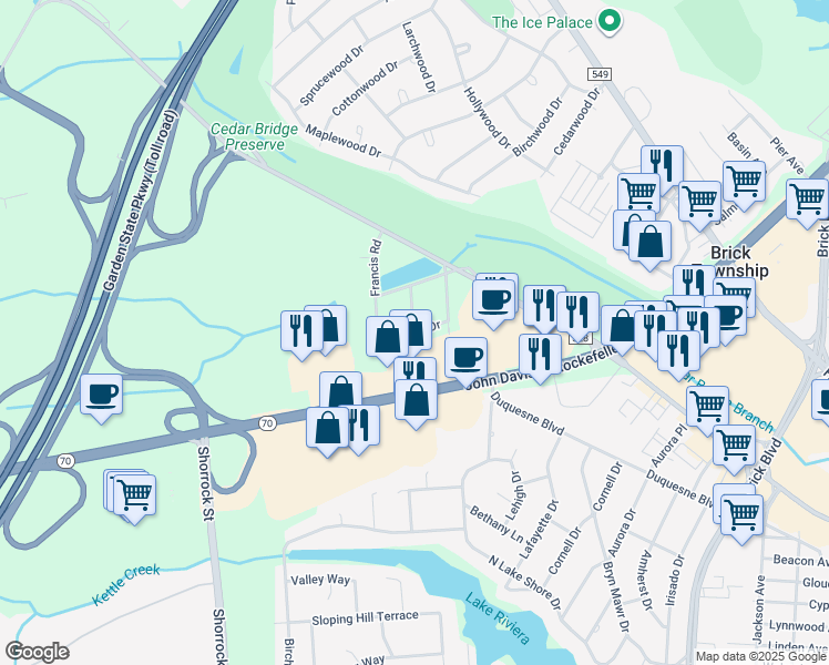 map of restaurants, bars, coffee shops, grocery stores, and more near 521 Vincent Drive in Brick