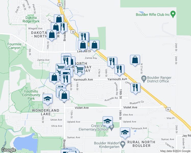map of restaurants, bars, coffee shops, grocery stores, and more near 4618 16th Street in Boulder