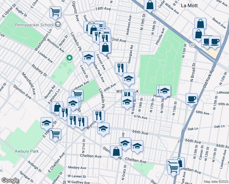 map of restaurants, bars, coffee shops, grocery stores, and more near 6860 Forrest Avenue in Philadelphia