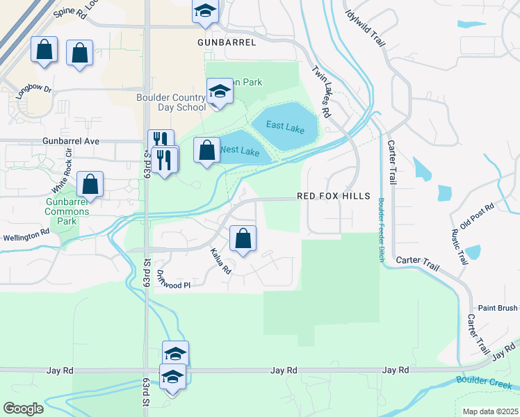 map of restaurants, bars, coffee shops, grocery stores, and more near 4632 Starboard Drive in Boulder