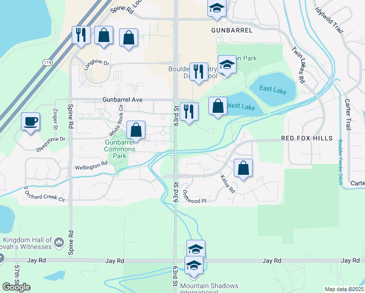 map of restaurants, bars, coffee shops, grocery stores, and more near 6260 Willow Lane in Boulder