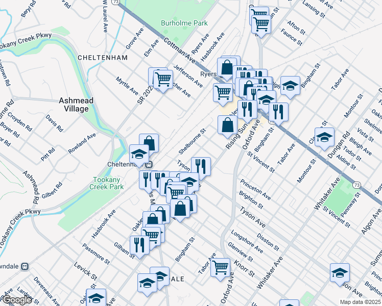 map of restaurants, bars, coffee shops, grocery stores, and more near 7020 Oakley Street in Philadelphia