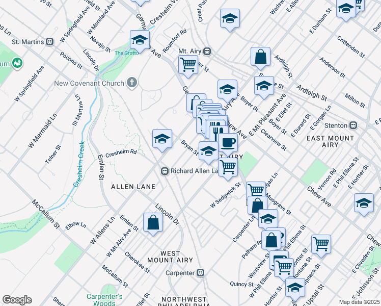map of restaurants, bars, coffee shops, grocery stores, and more near 107 West Mount Airy Avenue in Philadelphia