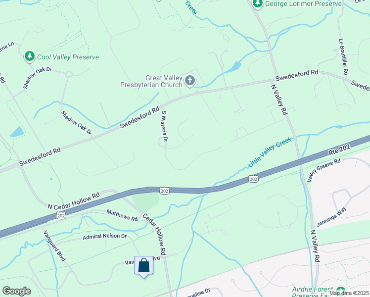 map of restaurants, bars, coffee shops, grocery stores, and more near 2075 Wyndtree Lane in Malvern