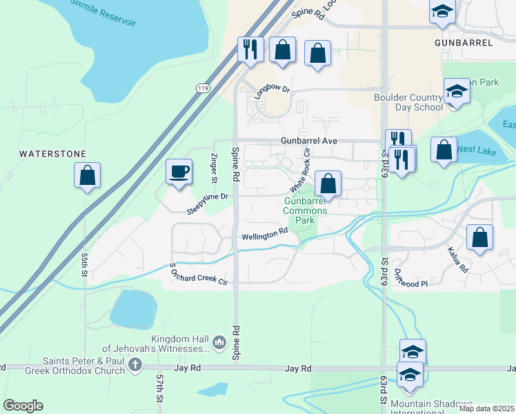 map of restaurants, bars, coffee shops, grocery stores, and more near 4656 White Rock Circle in Boulder