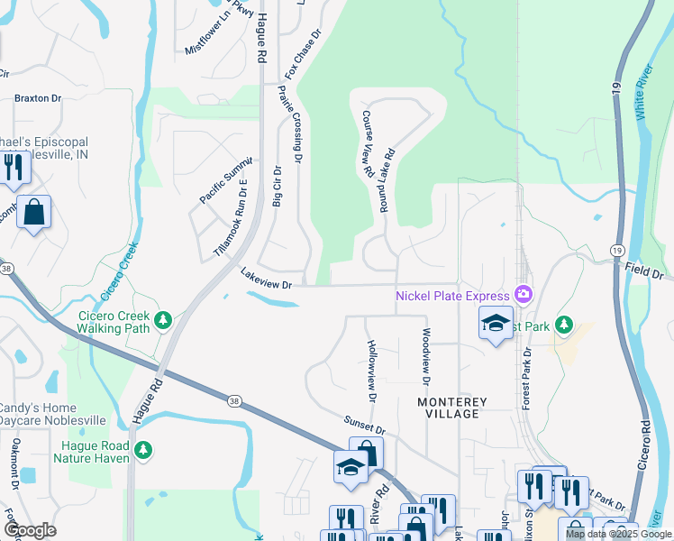 map of restaurants, bars, coffee shops, grocery stores, and more near 888 Lakeview Drive in Noblesville