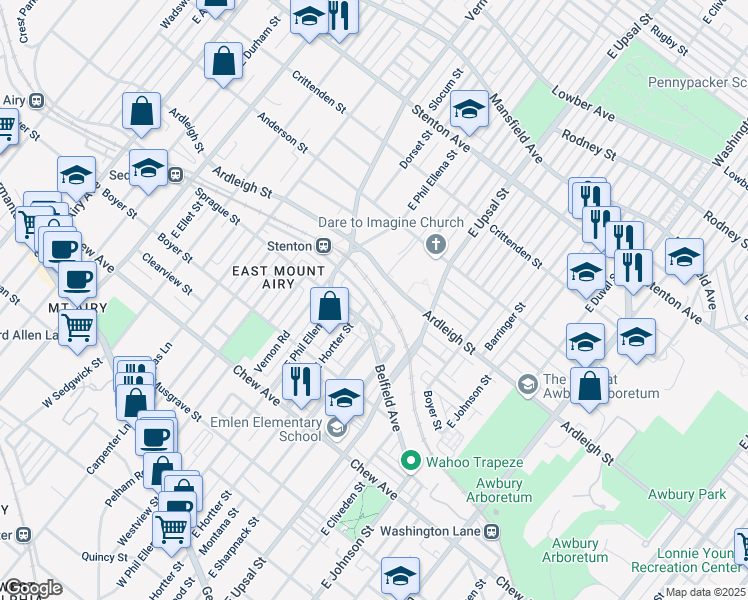 map of restaurants, bars, coffee shops, grocery stores, and more near 6635 Blakemore Street in Philadelphia