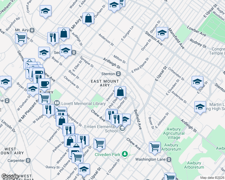 map of restaurants, bars, coffee shops, grocery stores, and more near 450 Slocum Street in Philadelphia