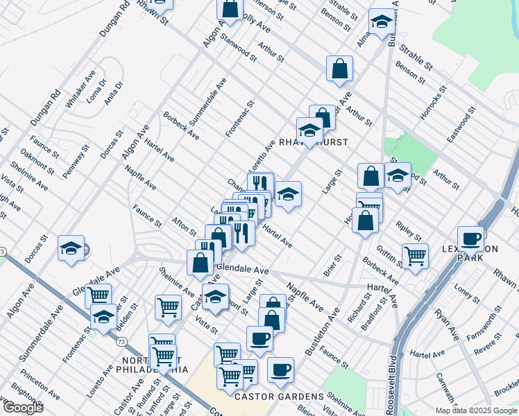 map of restaurants, bars, coffee shops, grocery stores, and more near 7816 Castor Avenue in Philadelphia