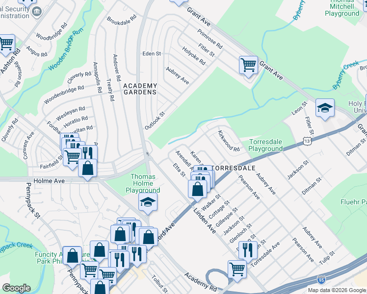 map of restaurants, bars, coffee shops, grocery stores, and more near 9234 Crispin Street in Philadelphia