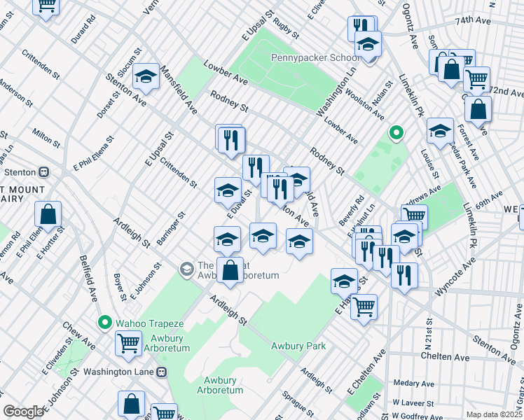 map of restaurants, bars, coffee shops, grocery stores, and more near 1332 Washington Lane in Philadelphia