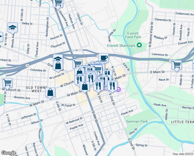 map of restaurants, bars, coffee shops, grocery stores, and more near 15 East Church Street in Newark
