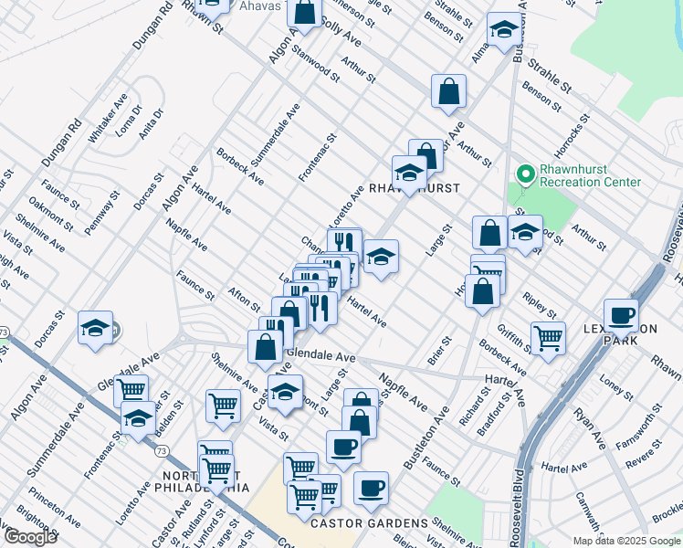 map of restaurants, bars, coffee shops, grocery stores, and more near 7816 Castor Avenue in Philadelphia