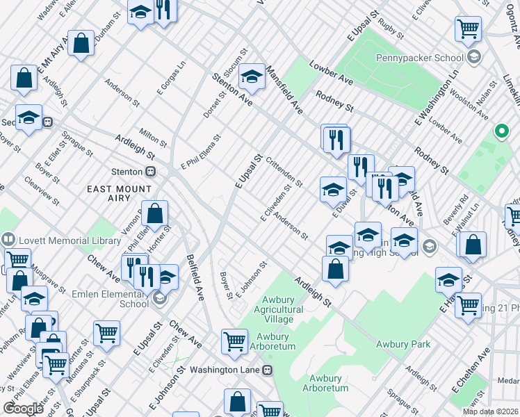 map of restaurants, bars, coffee shops, grocery stores, and more near 6476 Anderson Street in Philadelphia
