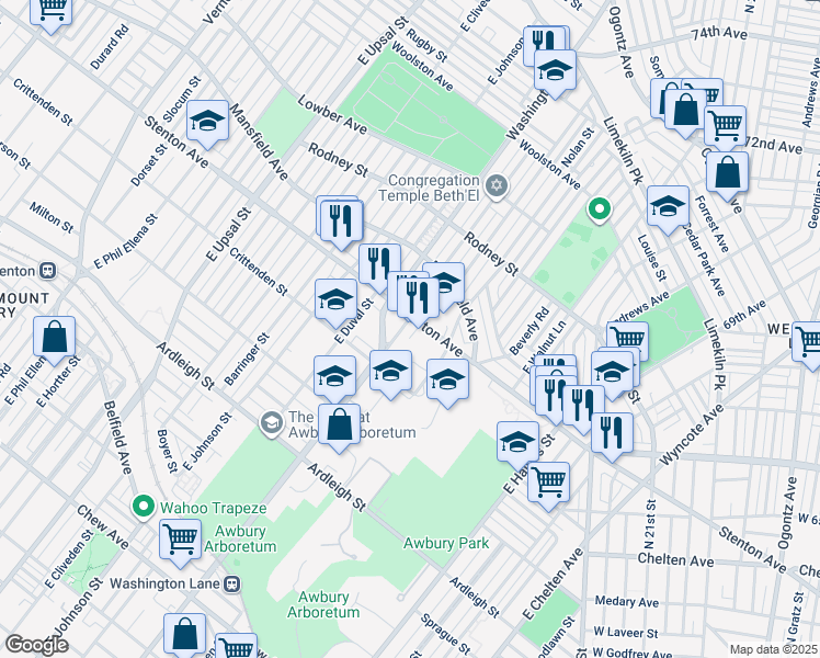 map of restaurants, bars, coffee shops, grocery stores, and more near 1332 Washington Lane in Philadelphia