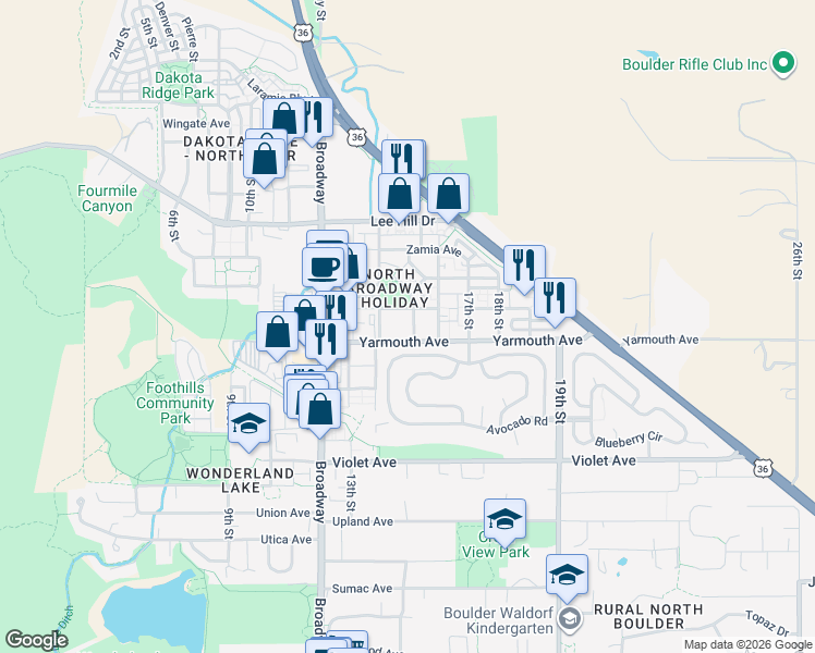 map of restaurants, bars, coffee shops, grocery stores, and more near 4625 15th Street in Boulder