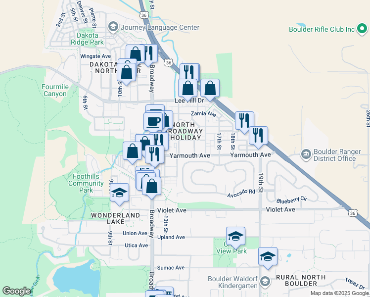 map of restaurants, bars, coffee shops, grocery stores, and more near 1494 Yaupon Avenue in Boulder