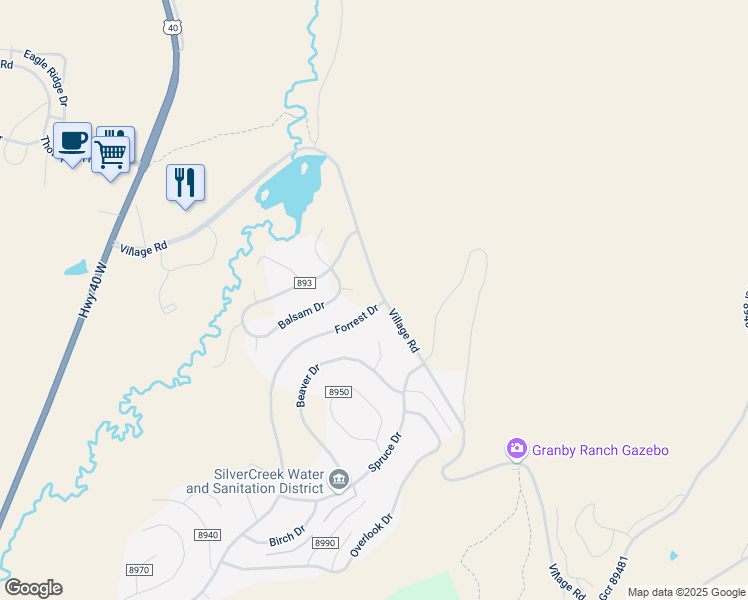 map of restaurants, bars, coffee shops, grocery stores, and more near 150 County Road 89 in Granby
