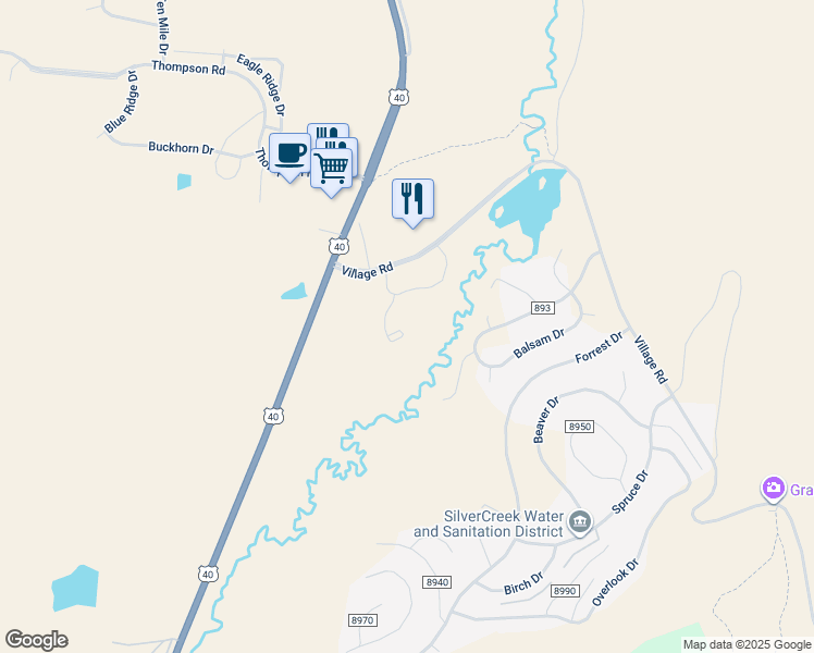 map of restaurants, bars, coffee shops, grocery stores, and more near 293 County Road 893 in Granby