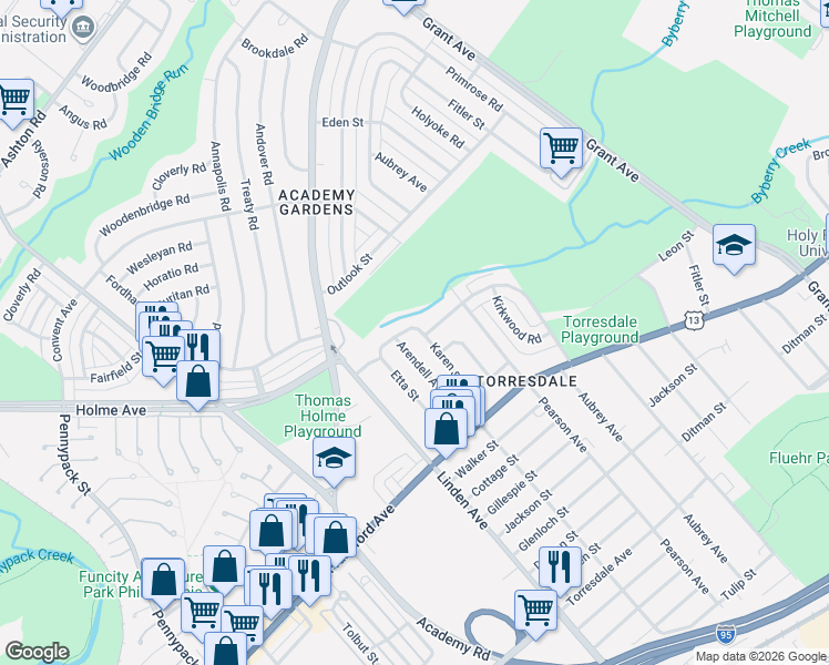 map of restaurants, bars, coffee shops, grocery stores, and more near 9234 Crispin Street in Philadelphia