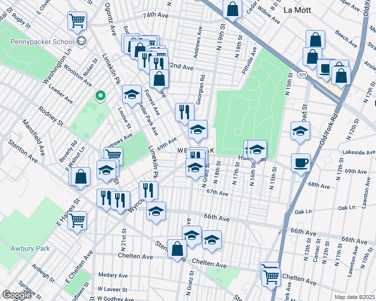 map of restaurants, bars, coffee shops, grocery stores, and more near 6836 Ogontz Avenue in Philadelphia