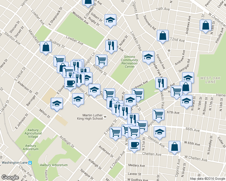 map of restaurants, bars, coffee shops, grocery stores, and more near 1543 East Walnut Lane in Philadelphia