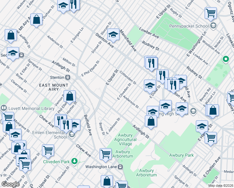 map of restaurants, bars, coffee shops, grocery stores, and more near 6476 Anderson Street in Philadelphia