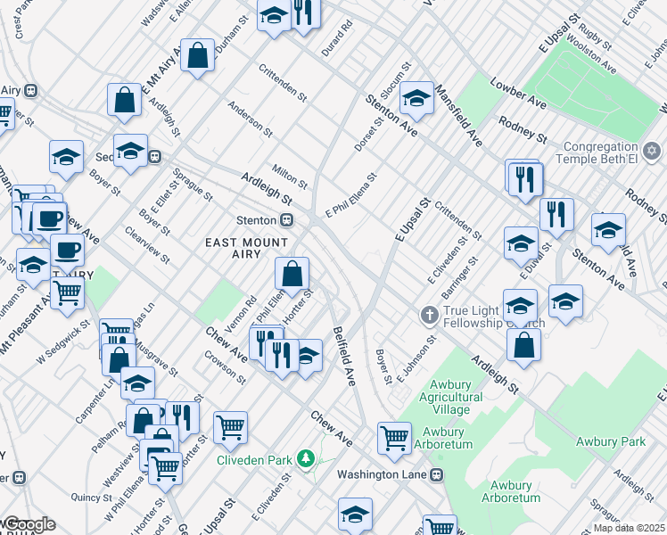 map of restaurants, bars, coffee shops, grocery stores, and more near 6635 Blakemore Street in Philadelphia