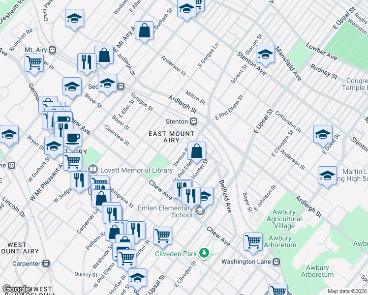 map of restaurants, bars, coffee shops, grocery stores, and more near 450 Slocum Street in Philadelphia