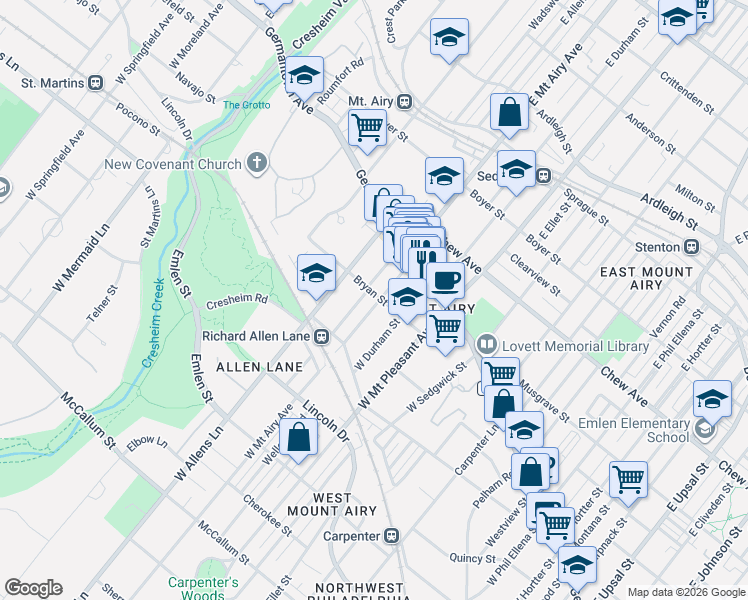 map of restaurants, bars, coffee shops, grocery stores, and more near 49 West Mount Airy Avenue in Philadelphia