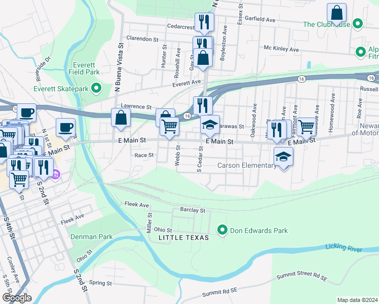 map of restaurants, bars, coffee shops, grocery stores, and more near 349 East Main Street in Newark