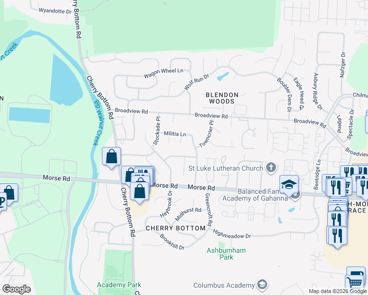 map of restaurants, bars, coffee shops, grocery stores, and more near 4088 Blue Coat Lane in Gahanna