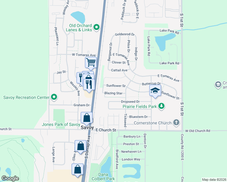 map of restaurants, bars, coffee shops, grocery stores, and more near 113 Sunflower Street in Savoy