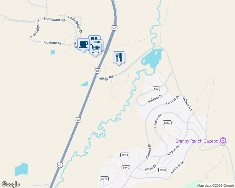 map of restaurants, bars, coffee shops, grocery stores, and more near 293 County Road 893 in Granby