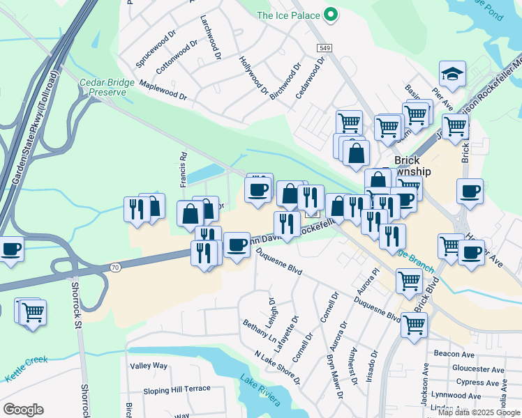 map of restaurants, bars, coffee shops, grocery stores, and more near 570 New Jersey 70 in Brick