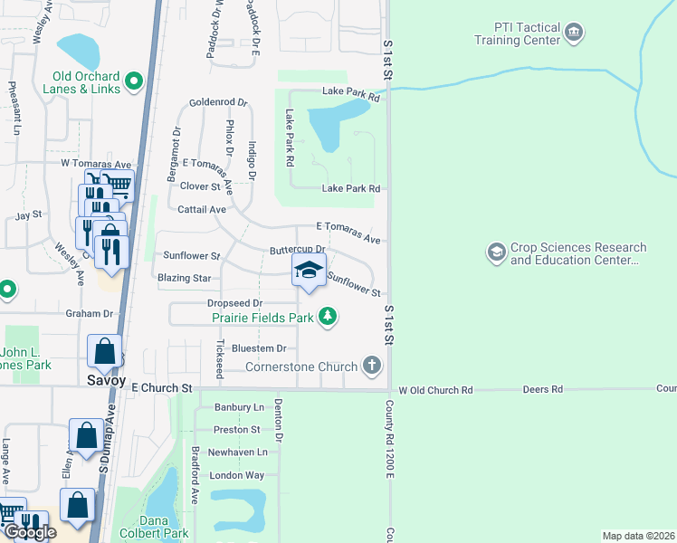 map of restaurants, bars, coffee shops, grocery stores, and more near 609 Buttercup Drive in Savoy