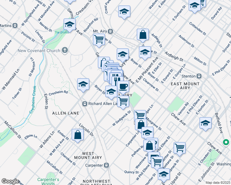 map of restaurants, bars, coffee shops, grocery stores, and more near 20 West Durham Street in Philadelphia