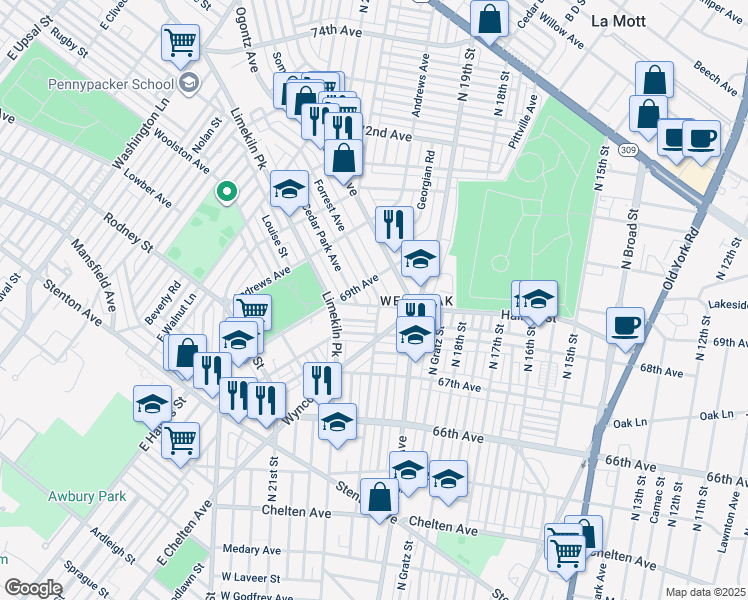 map of restaurants, bars, coffee shops, grocery stores, and more near 6864 Forrest Avenue in Philadelphia