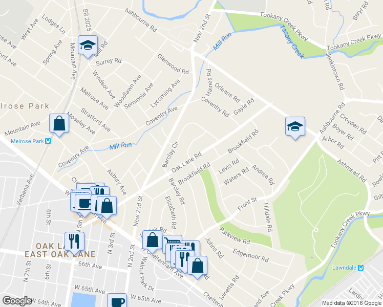 map of restaurants, bars, coffee shops, grocery stores, and more near 7616 Oak Lane Road in Cheltenham