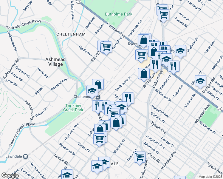 map of restaurants, bars, coffee shops, grocery stores, and more near 7000 Shelbourne Street in Philadelphia