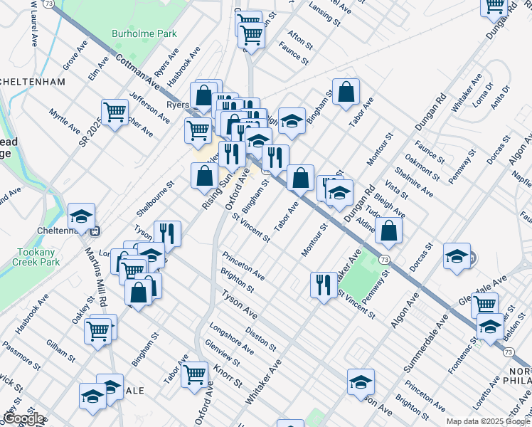 map of restaurants, bars, coffee shops, grocery stores, and more near 7241 Lawndale Avenue in Philadelphia