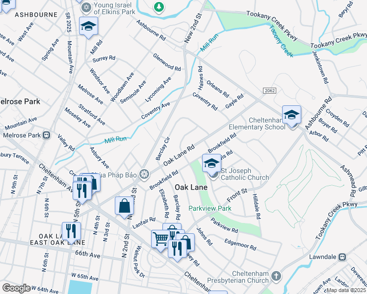 map of restaurants, bars, coffee shops, grocery stores, and more near 7616 Oak Lane Road in Cheltenham