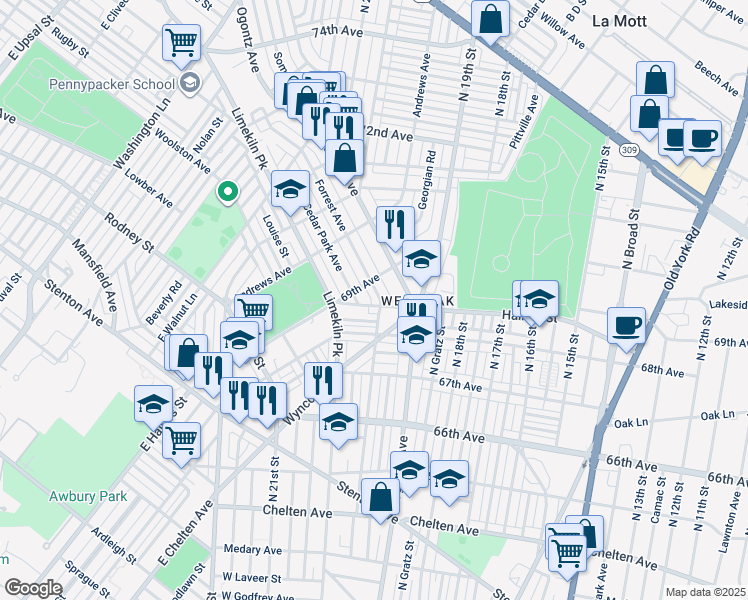 map of restaurants, bars, coffee shops, grocery stores, and more near 6864 Forrest Avenue in Philadelphia