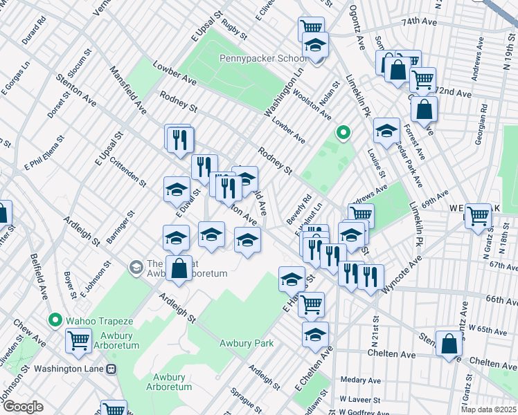 map of restaurants, bars, coffee shops, grocery stores, and more near 7262 Mansfield Avenue in Philadelphia