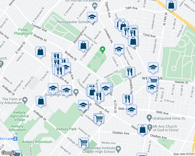 map of restaurants, bars, coffee shops, grocery stores, and more near 2105 Homer Street in Philadelphia